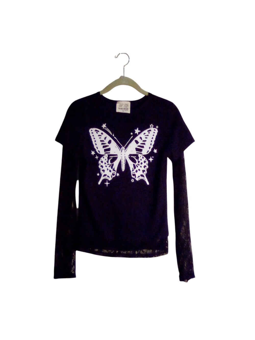 French Pastry 2fer Top Lace Sleeves Grunge Goth Butterfly Graphic Medium Black